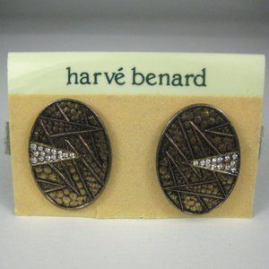 Harve Benard Women Earring Brasstone Pierced Signed Classic Card Oval Rhinestone